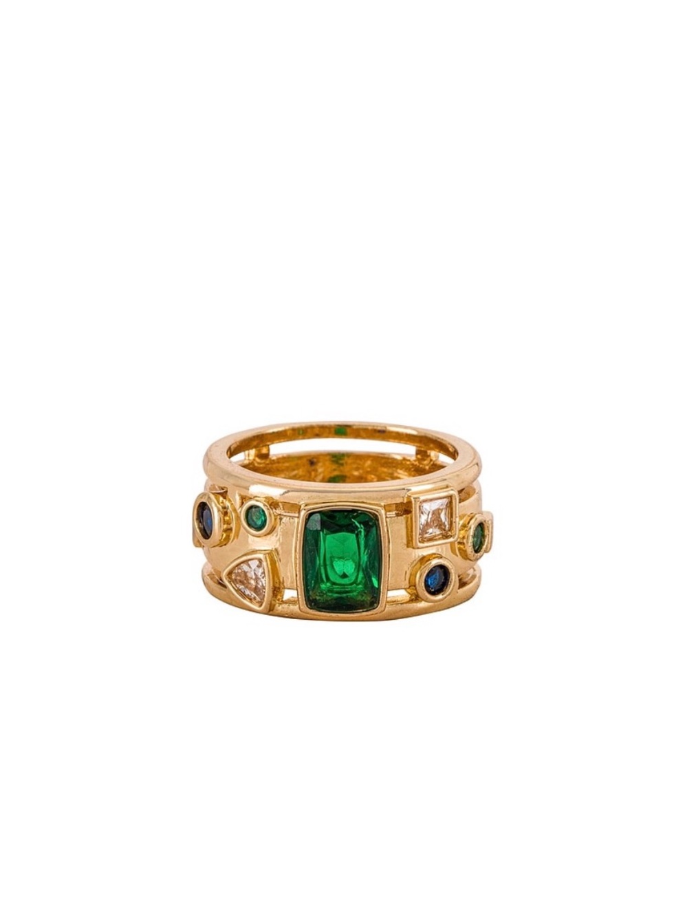 NWOT Petit Moments Nicole Goldtone Band Ring with Green Stones - size 7